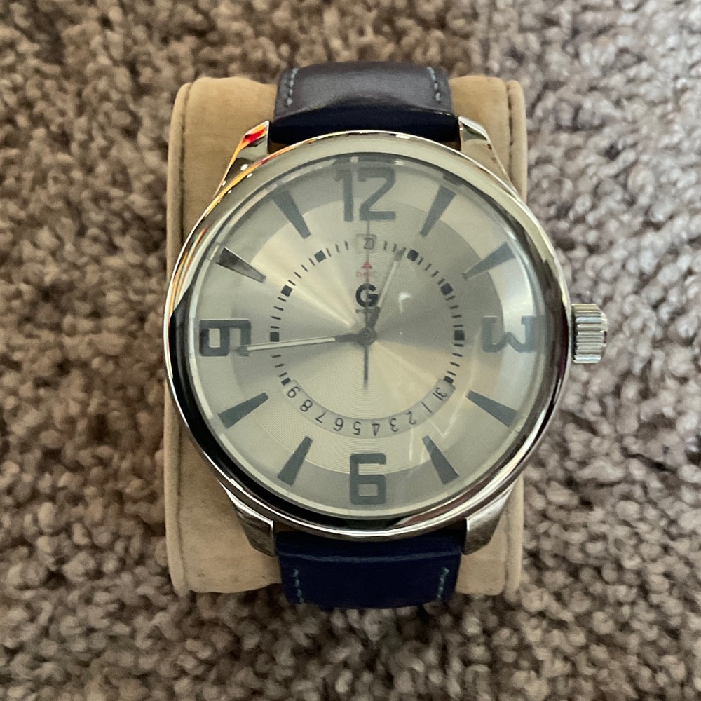 GUESS leather strap large face quartz watch